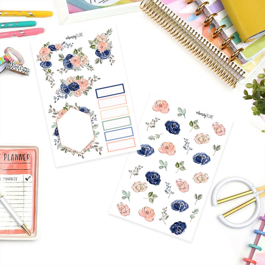 Lissette Floral- Navy Blue and Blush Floral Planner Stickers